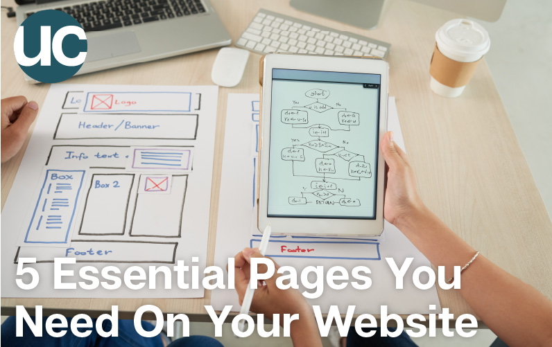 5 Essential Pages You Need On Your Website: Featured image - Overhead shot of two workers looking at a hand drawn wireframe and another wireframe on an ipad